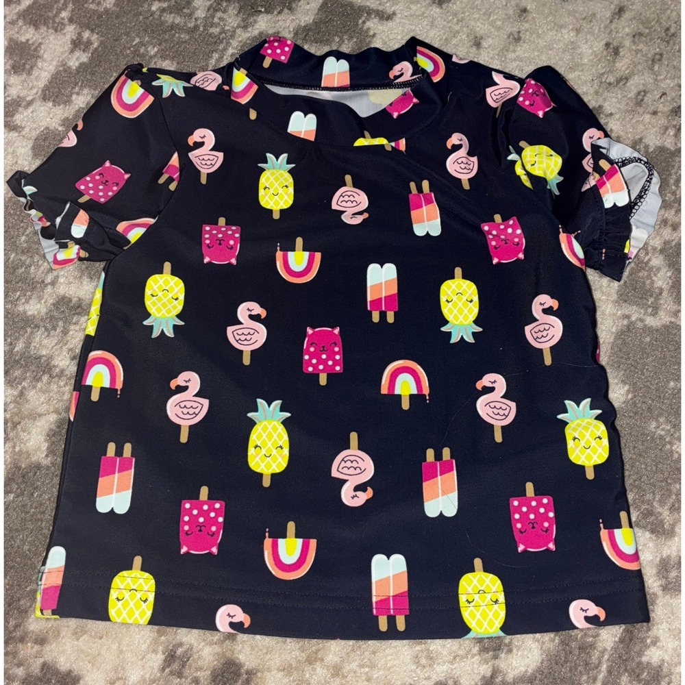 Simple Joys Girls Blue Summer Pattern Short Sleeve Rash Guard 3t